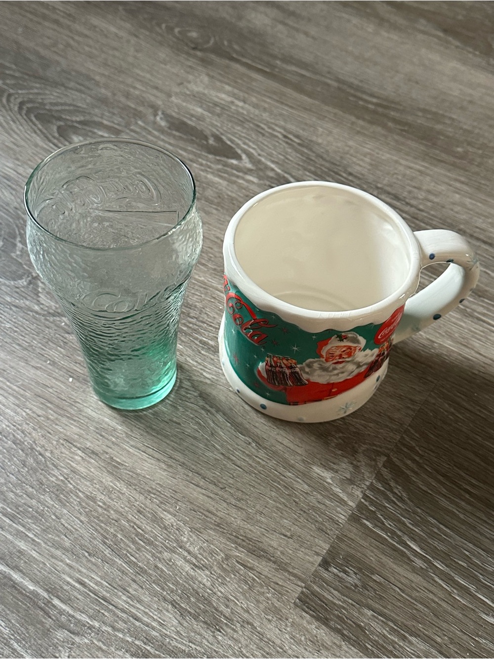 Houston Harvest Coca-Cola Christmas mug from 2004 & Glass Cup